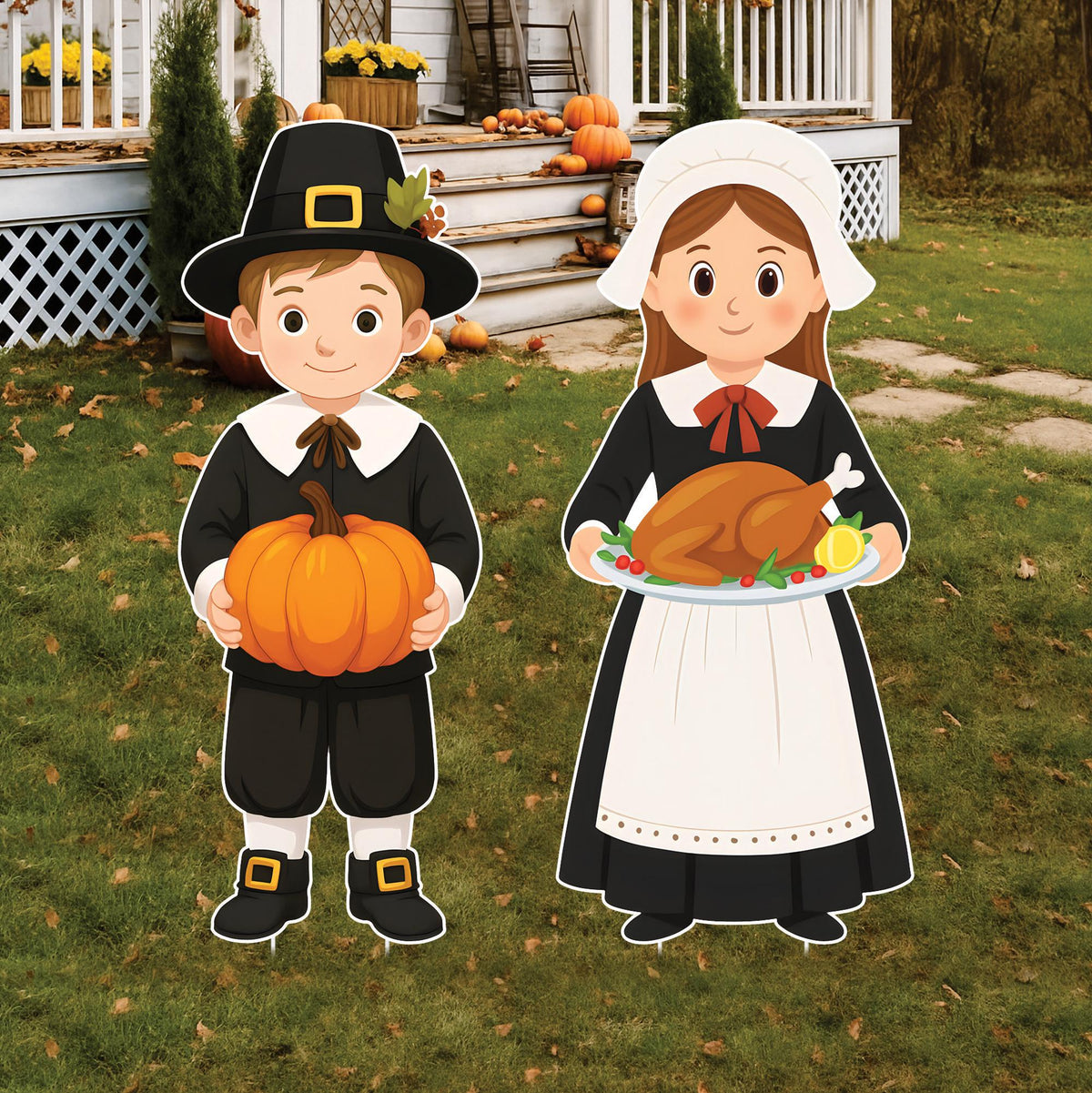 Thanksgiving Pilgrim Yard Signs, Boy and Girl with Pumpkin and Turkey Lawn Decorations, Autumn Harvest Outdoor Garden Patio Fall Décor